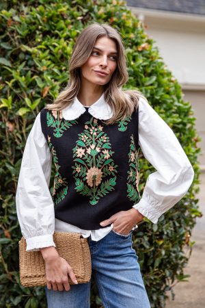 Evergreen Botanical Print Black Knit Vest