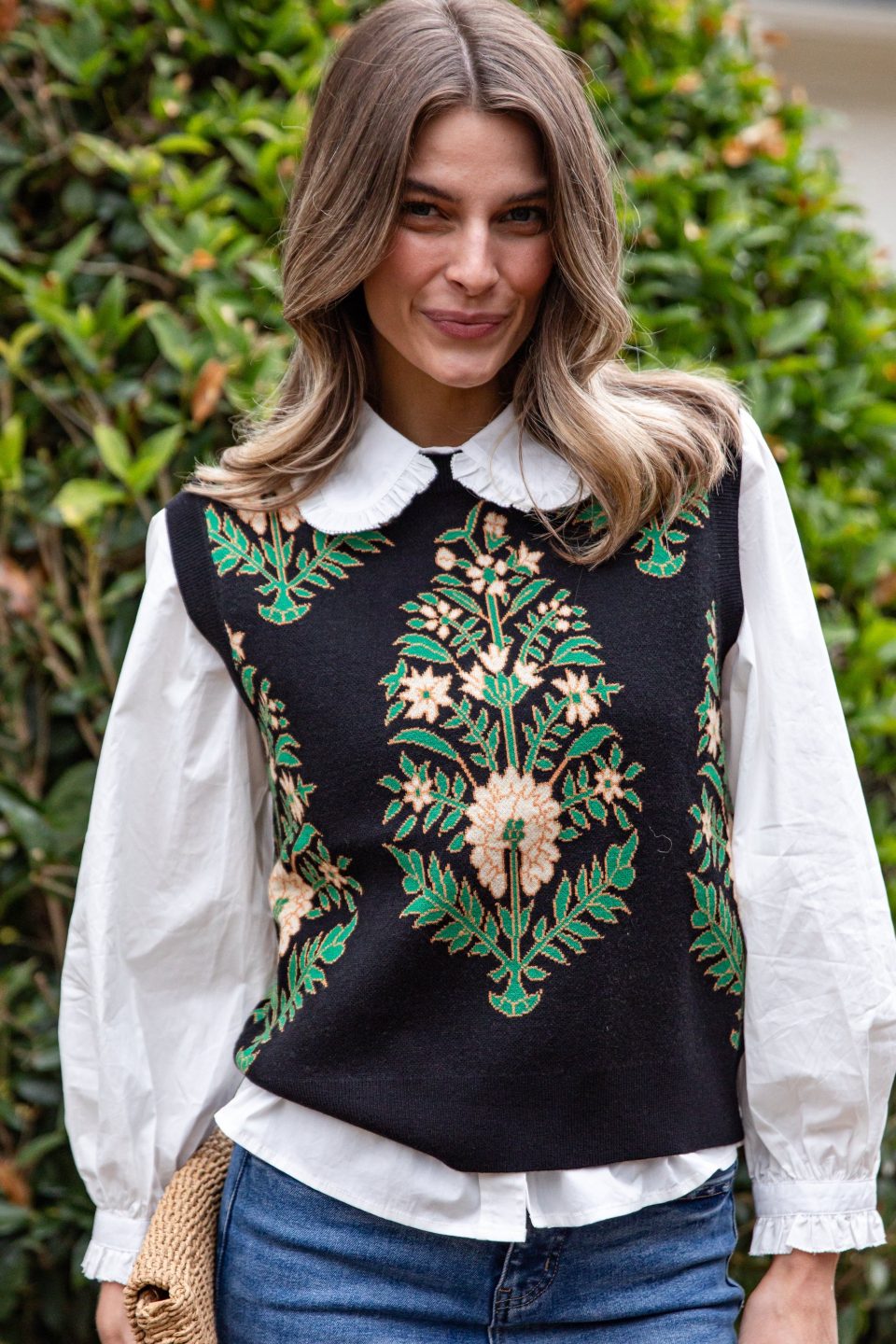 Evergreen Botanical Print Black Knit Vest