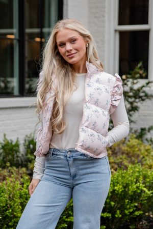 Blush Floral Ruffle Puffer Vest