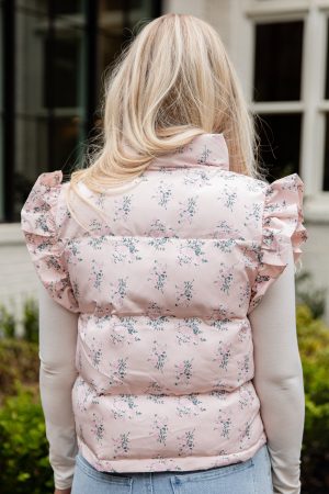 Blush Floral Ruffle Puffer Vest