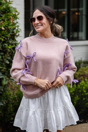 Bow Accent Mauve Knit Sweater